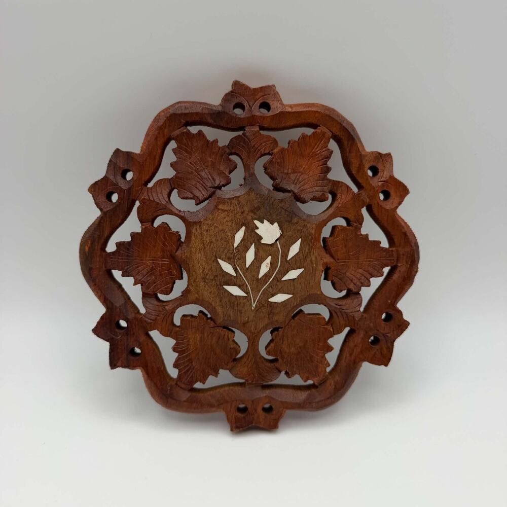 Vintage Hand Carved Wooden Trivet Scalloped Leaf Border Floral Inlay India